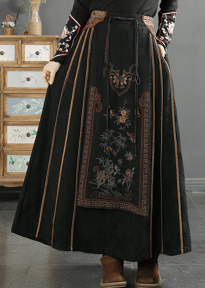 Chinese Style Yellow Edge Tasseled Embroideried Cotton Skirts Fall