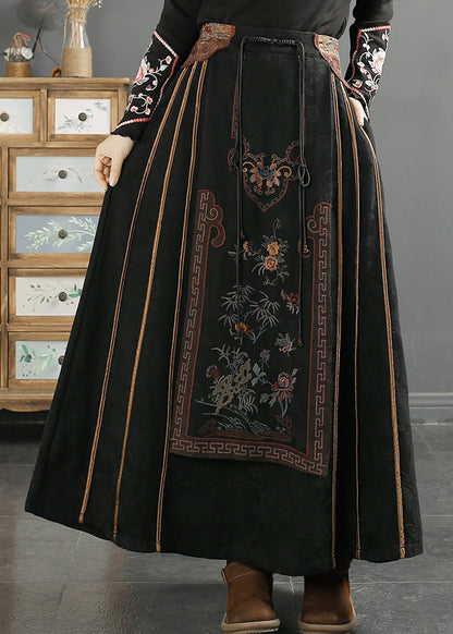 Chinese Style Yellow Edge Tasseled Embroideried Cotton Skirts Fall