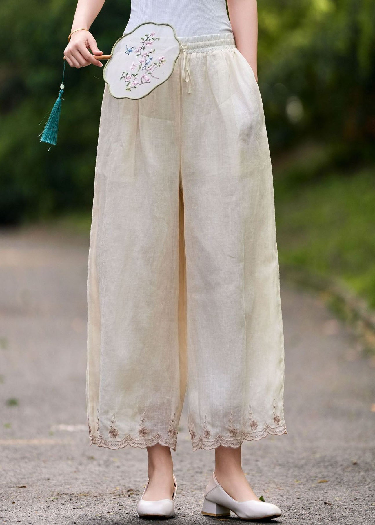 Pink Embroidered Elastic Waist Linen Pants Summer