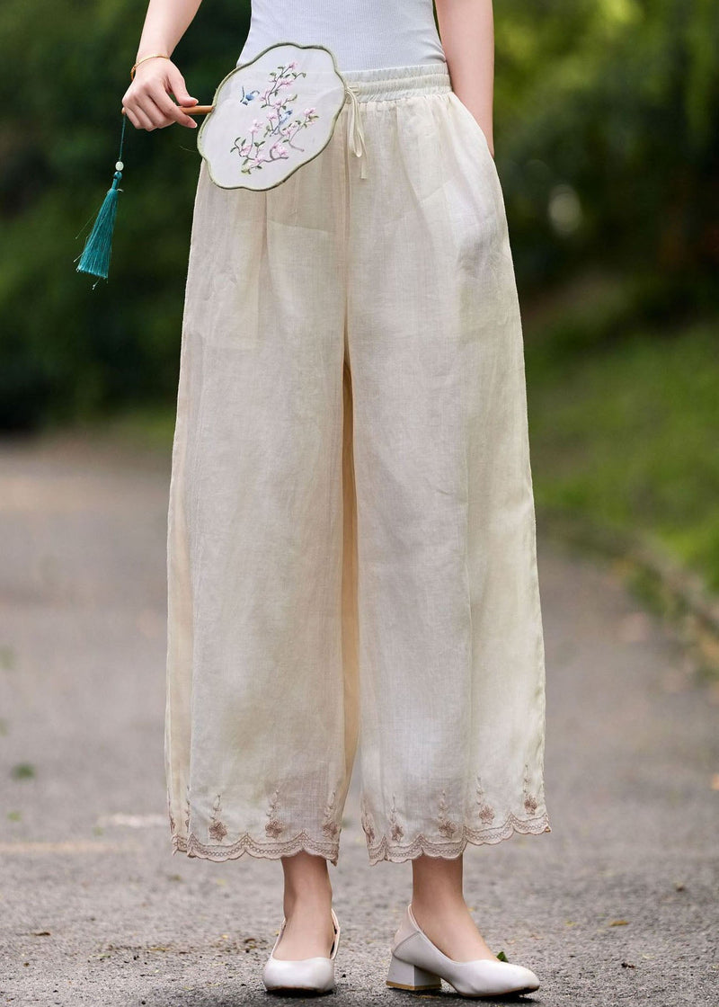 Pink Embroidered Elastic Waist Linen Pants Summer