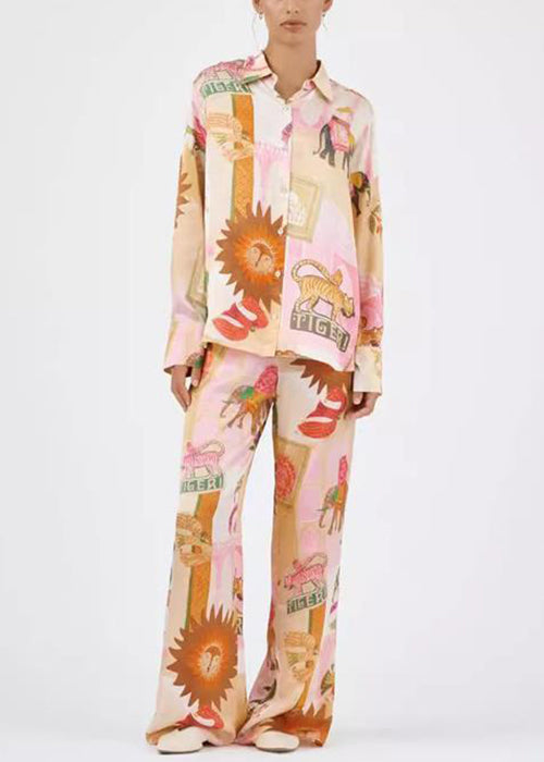 Loose Peter Pan Collar Print Shirts and Pants Cotton Two Pieces Set Spring