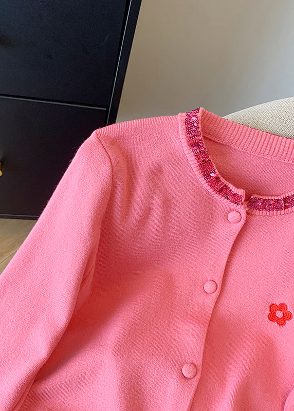 Pink Embroidered Sequins Cotton Knit Cardigans Fall