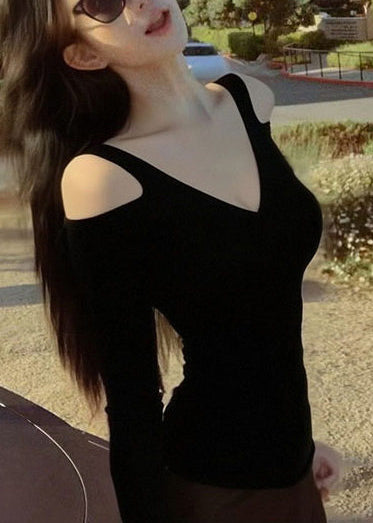 Black Cold Shoulder Cotton Shirts Spring