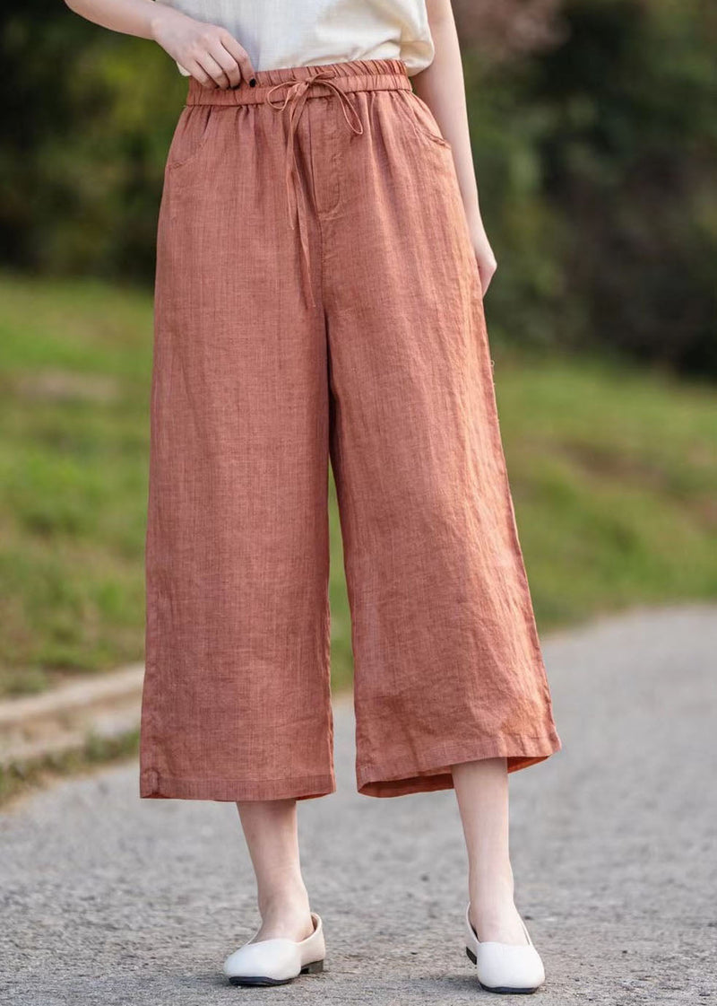 Orange Elastic Waist Linen Crop Pants Summer