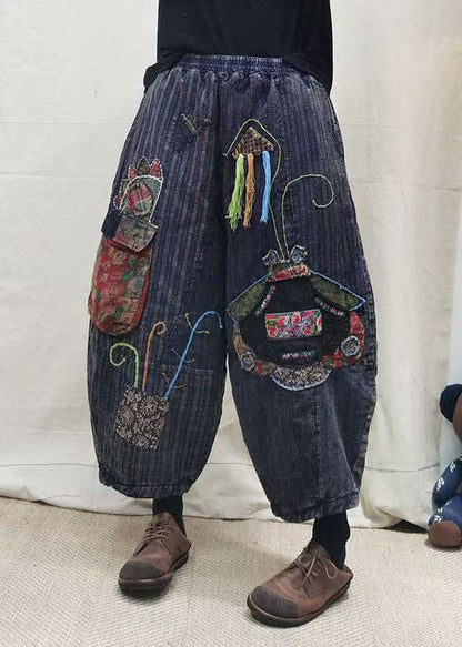 Blue Embroidered Patchwork Fine Cotton Filled Pants Winter