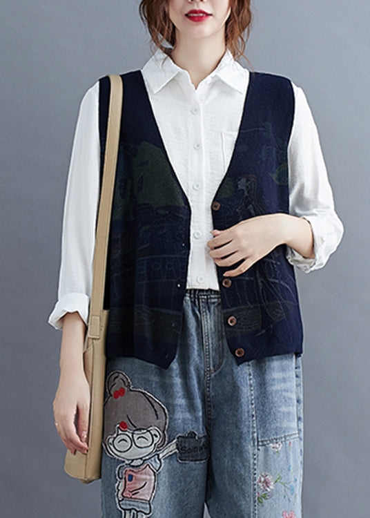 Navy Blue V Neck Print Side Open Knit Waistcoat Sleeveless