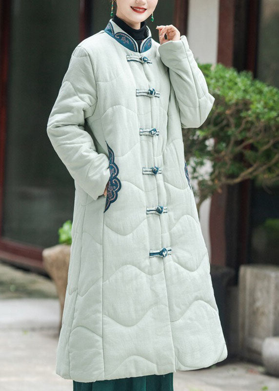 Khaki Stand Collar Embroidered Lengthen Fine Cotton Filled Witner Coat