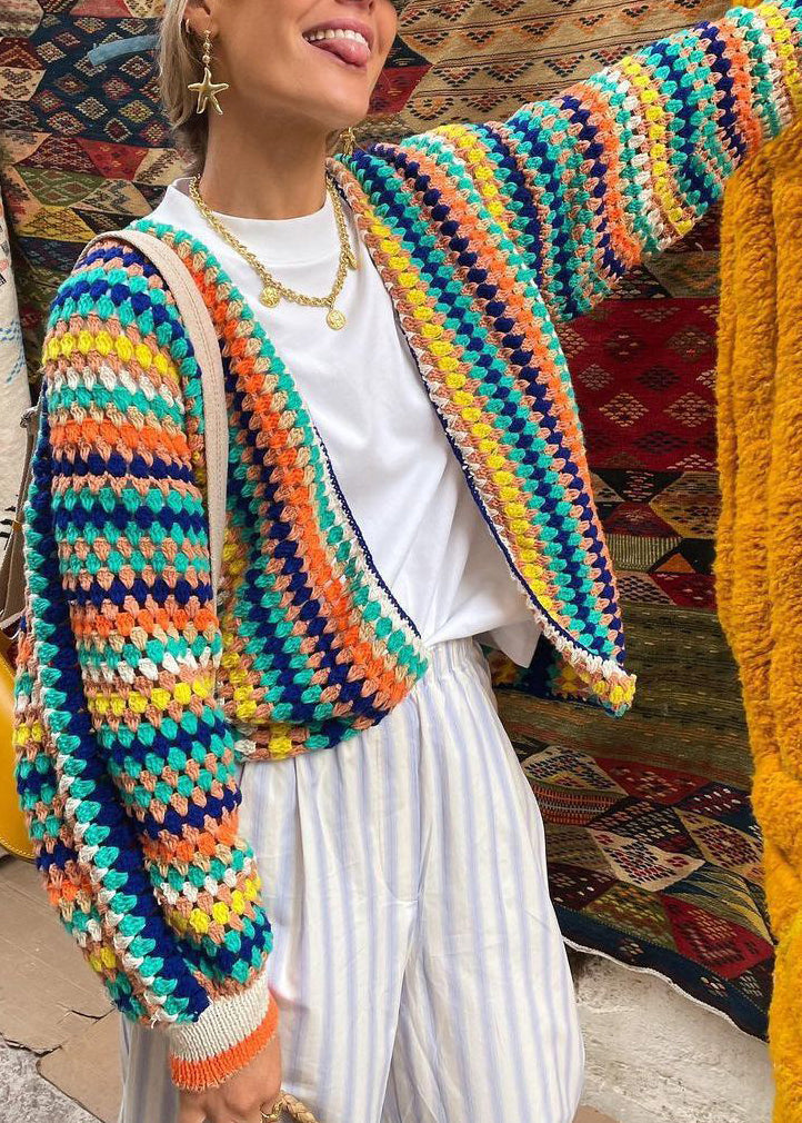 Rainbow V Neck Short Knit Cardigan Fall