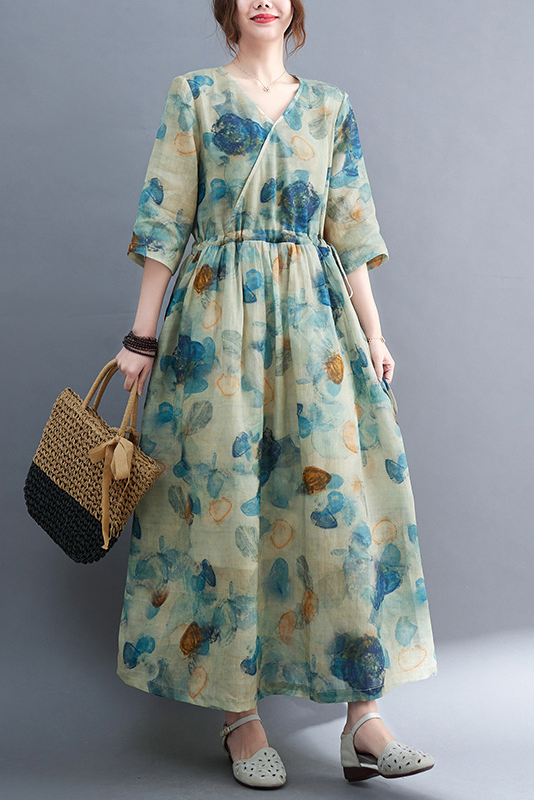 New Summer Blue Print Dress Ramie Short Sleeve Long Dress