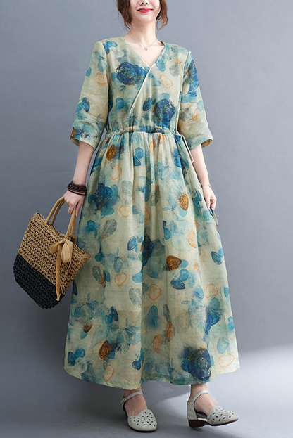 New Summer Blue Print Dress Ramie Short Sleeve Long Dress