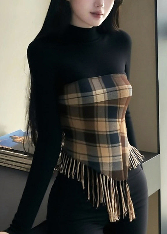 Black Tasseled Plaid Patchwork Knitting Cotton Tops Fall