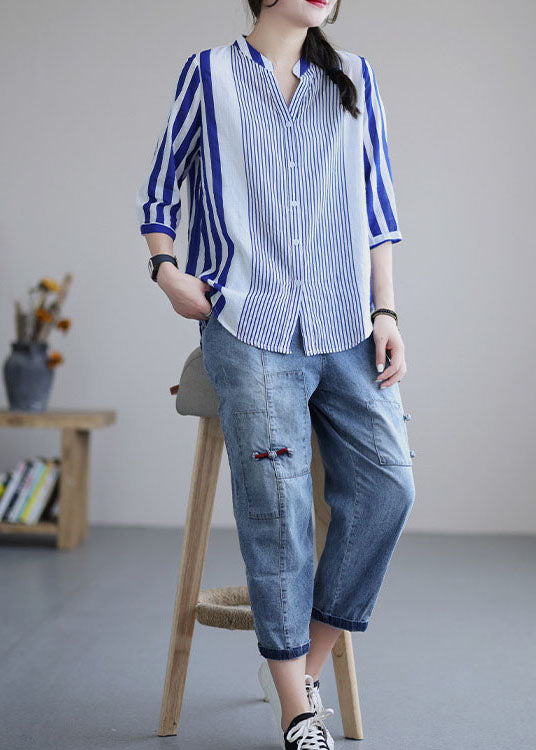 Blue V Neck Striped Cotton Blouses Bracelet Sleeve