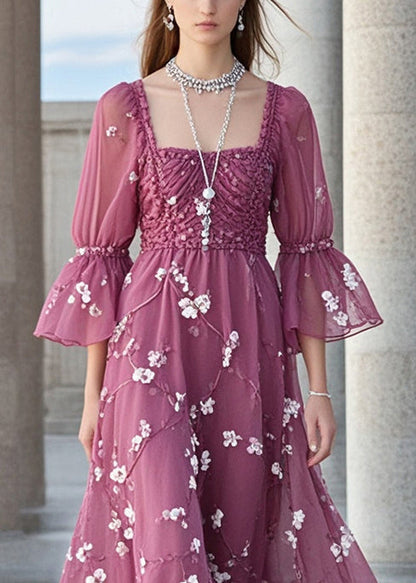 Purple Square Collar Print Chiffon Holiday Dress Summer