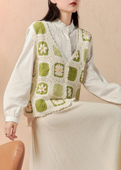Green Button Hollow Out Knit Waistcoat Sleeveless