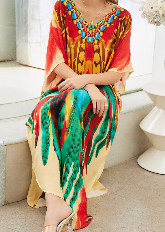Boutique V Neck Print Side Open Cotton Maxi Dresses Summer