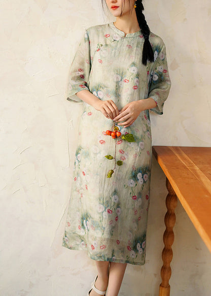 Green Stand Collar Print Linen Dress Summer