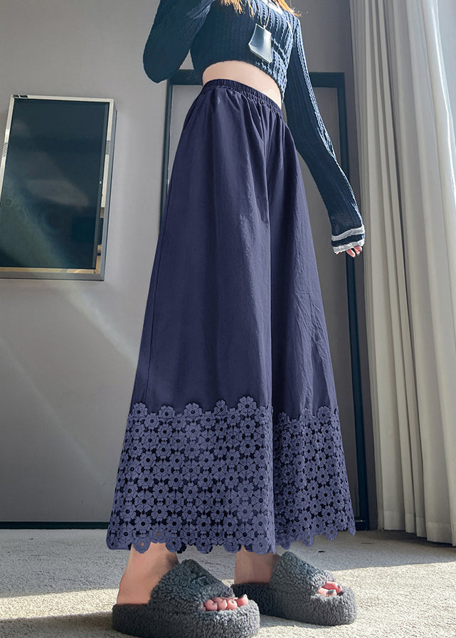 Navy Embroidered Cotton Crop Pants Fall