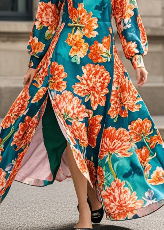 Blackish Green Print Side Open Cheongsam Dress Fall