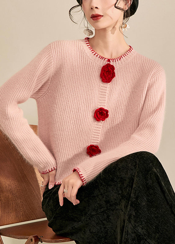 Pink O-neck Button Cotton Knit Cardigans Fall