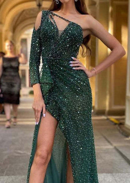 Champagne Sequins Single Shoulder Slim Fit Long Dress Summer
