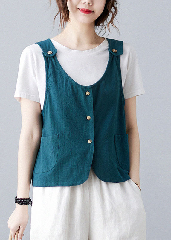 Handmade Sky Blue Button Pockets Color Linen Vests Sleeveless