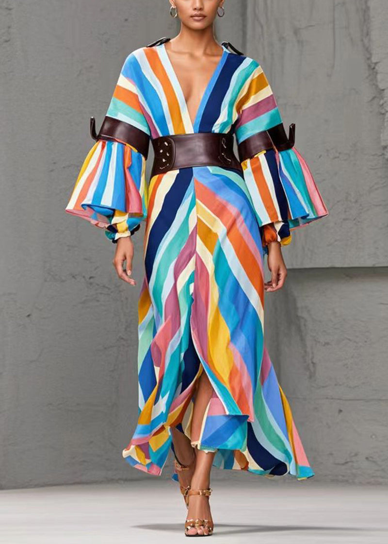 Rainbow Striped Side Open Cotton Cinched Dresses Fall