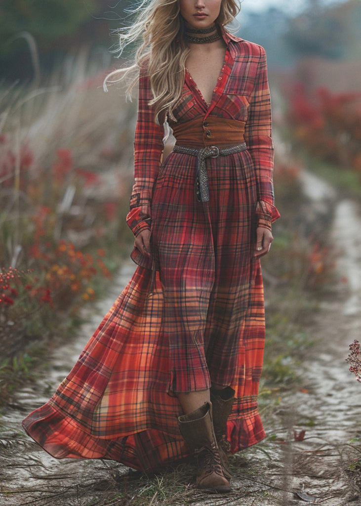 Pastoral Style Plaid Maxi Dress Long Sleeve