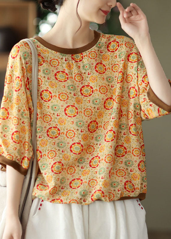 Yellow O Neck Print Patchwork Linen Top Summer