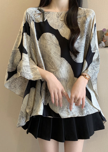 French O-neck Print Batwing Sleeve Shirt Top