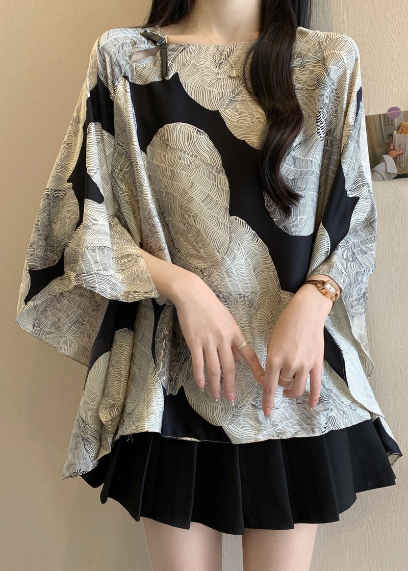 French O-neck Print Batwing Sleeve Shirt Top