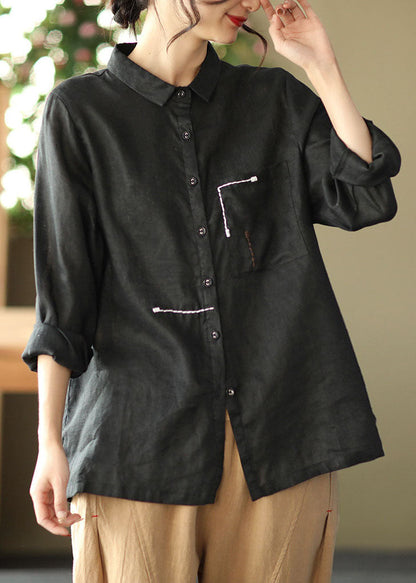 Black Peter Pan Collar Patchwork Linen Blouses Spring