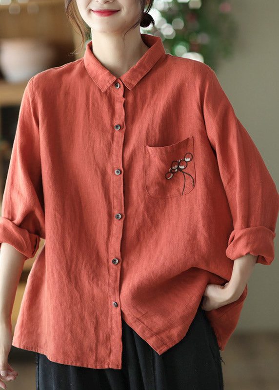 Red Peter Pan Collar Embroidered Button Linen Shirt Long Sleeve