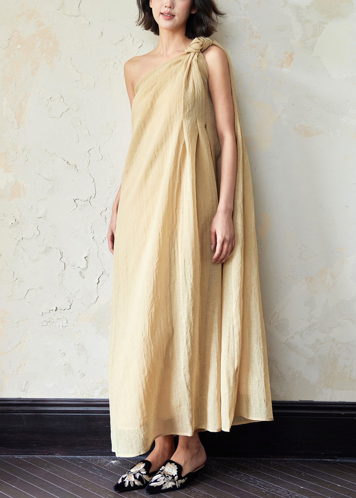 Loose Yellow Cold Shoulder Linen Long Dress Sleeveless