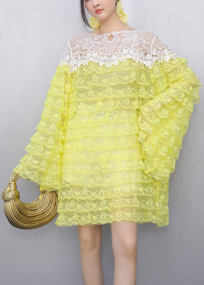 Original Design Yellow O-neck Sheer Knit Lace Tops Fall