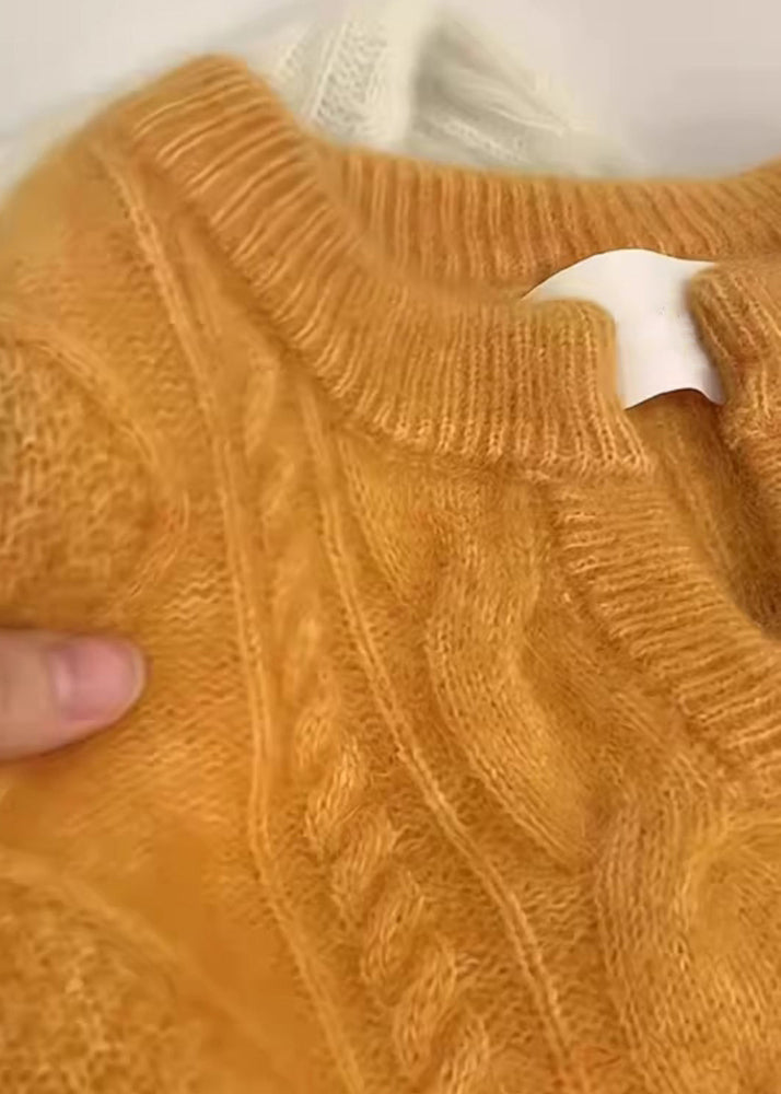 Orange V Neck Thick Cable Knit Sweater Winter