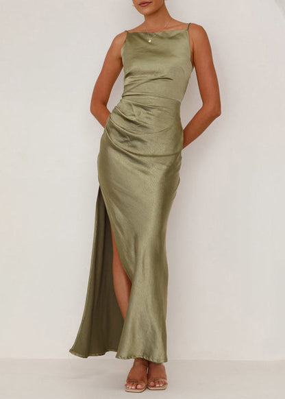 Blue Side Open Silk Spaghetti Strap Dress Summer
