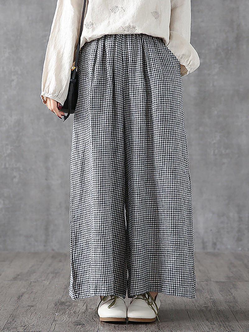 Hand-made Plaid Linen Wide Leg Pants