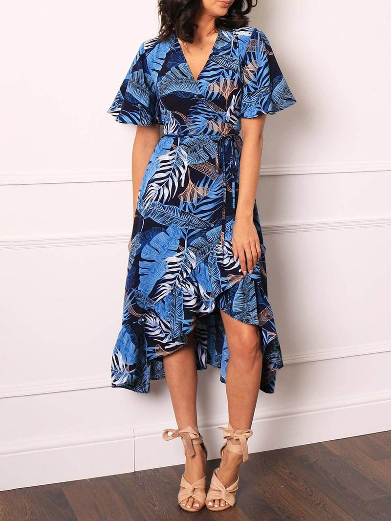 Leaf Palm Print Wrap Over Midi Dress