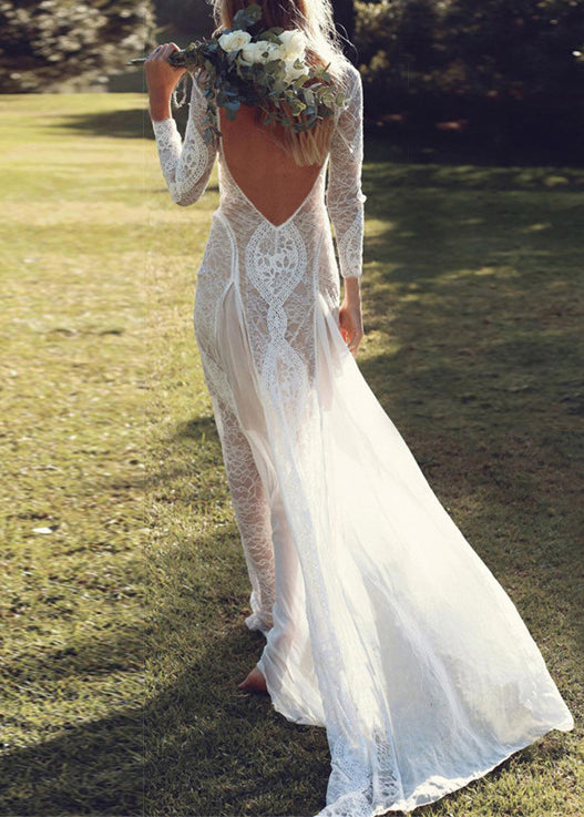 Slim Fit White Backless Tulle Patchwork Lace Dresses Long Sleeve