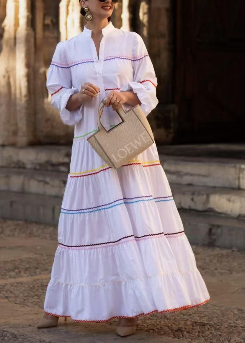 French White V Neck Striped Patchwork Cotton Long Dress Summer