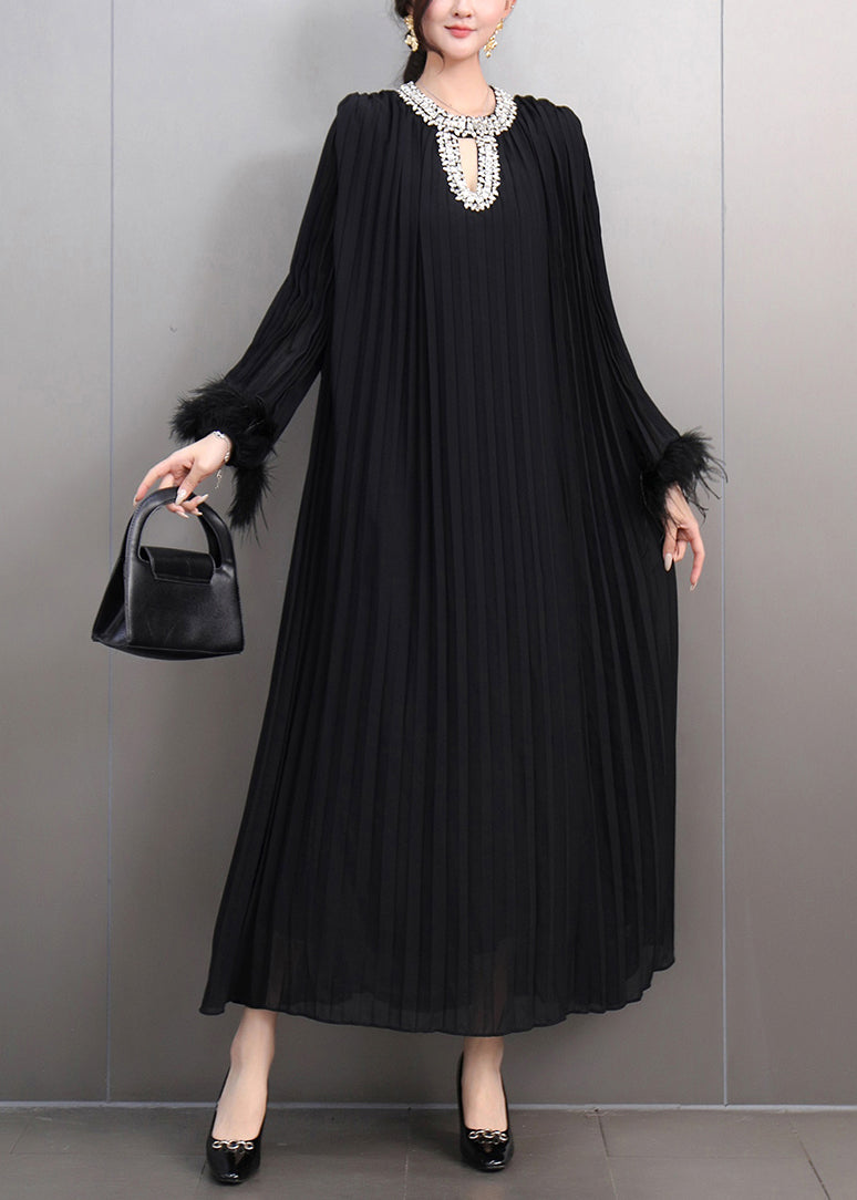 Italian Red O-neck Wrinkled Patchwork Zircon Maxi Dresses Spring