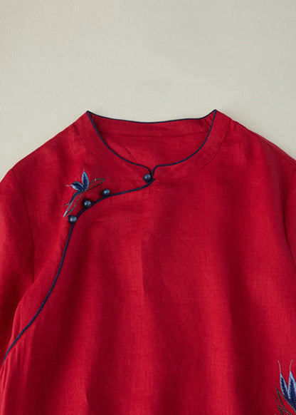 Red Embroidered Side Open Long Dress Short Sleeve