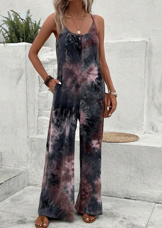 Organic Dark Brown Print Cotton Spaghetti Strap Jumpsuit Summer