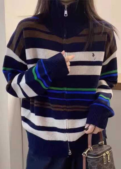 White Striped Patchwork Zippered Cotton Knit Sweaters Fall