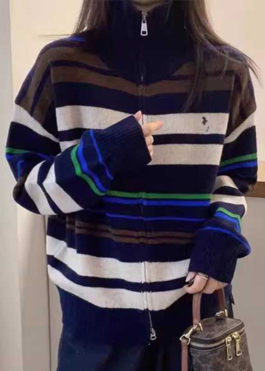 White Striped Patchwork Zippered Cotton Knit Sweaters Fall