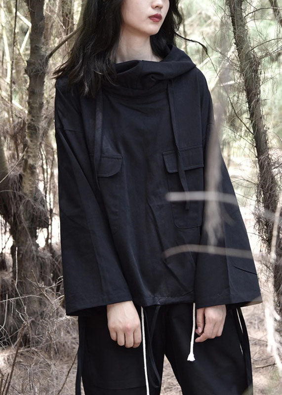 French Black Drawstring Hooded Pockets Sweatshirts Tops Spring