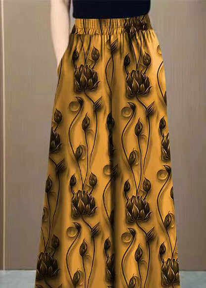 Loose Yellow Print Elastic Waist Ice Silk Pants Spring