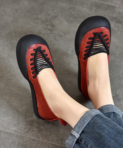 Comfortable Red Cowhide Leather Splicing Flat Feet Shoes