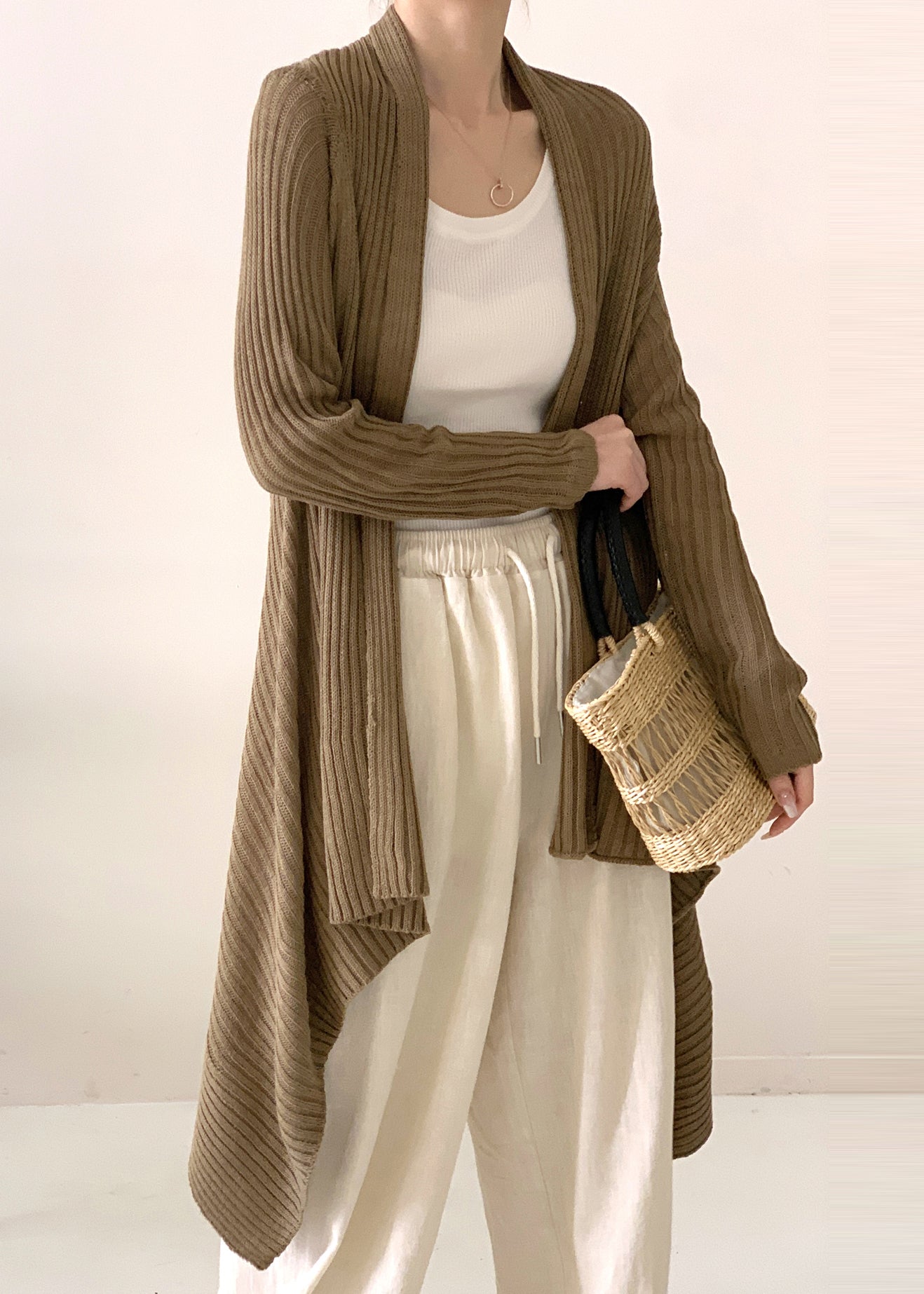 Tea Green Asymmetrical Ice Silk Knit Cardigan Fall