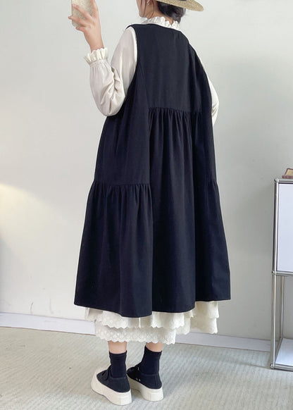 French Khaki O-neck Lace Patchwork Long Dress Sleeveless
